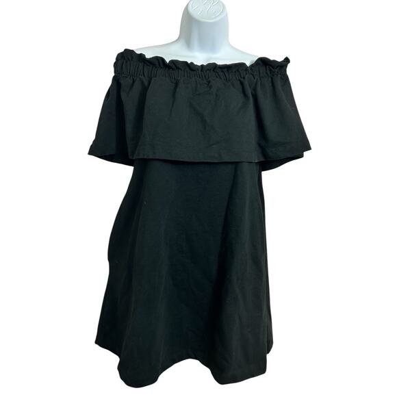 H&M Black Off the Shoulder Ruffle Mini Dress Sz XS Thick Jersey Straight Hem - Picture 4 of 8